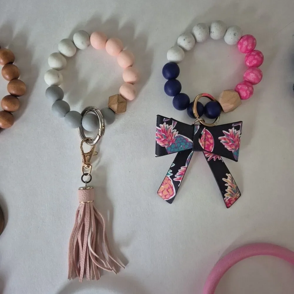 Lot Of 10 Silicone Beaded Tassel Charms Bangle Wristlet Key Chains ID Holder